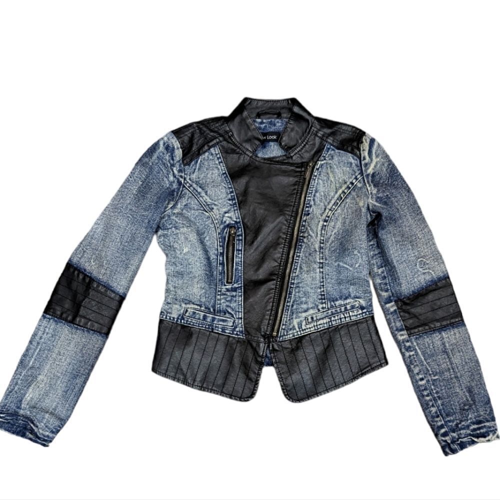 New Look Denim & Vegan Leather Moto Jacket. Size Small.